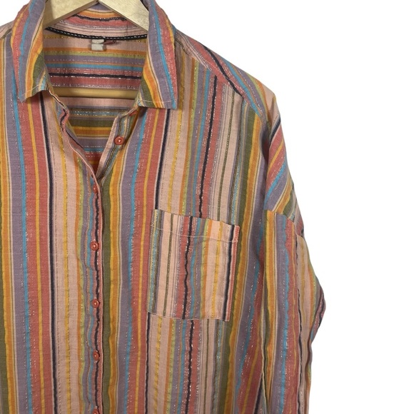 Anthropologie Pilcro Long-Sleeve Boyfriend Striped Shirt Rainbow Metallic L/XL - Picture 10 of 16